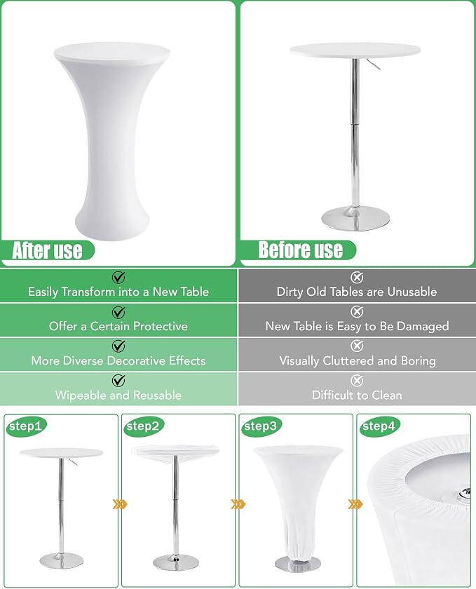 KeyWave Cocktail High Top Table Covers - 24x43 Inch Fitted Spandex Round Cocktail Tablecloth for Bar Height Standing Table Cloths Reusable, for Party Bistro Wedding Event Decorations, White, 8 Pack