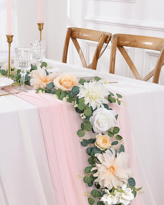 Waipfaru 6Ft Eucalyptus Greenery Garland with Flowers, Flower Rose Garland Decorations for Wedding Table Runner Centerpieces Backdrop Party Room Decor (White)