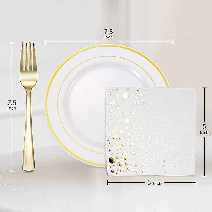 Stylish Gold Dessert Plates, Napkins and Forks, 100 7.5 Inch Wedding Cake Plates and Forks with Cocktail Napkins, Plastic Cocktail Plates for Appetizers, Gold Cake Plates for Wedding Reception