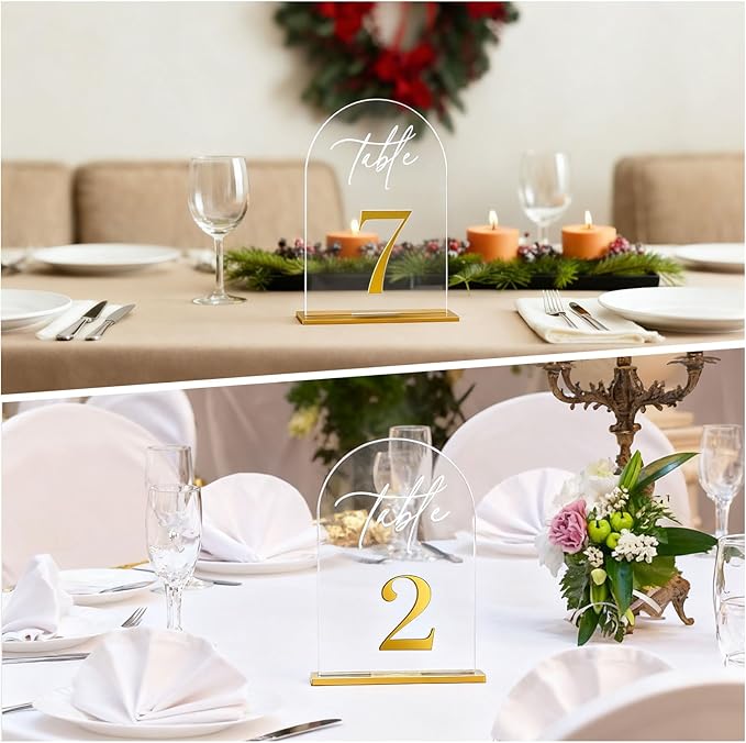 Clear Arch Acrylic Wedding Table Numbers 1-15 with Stands, 5.5"x7" Arched Acrylic Wedding Seating Chart Signs with Gold Mirror Numbers, Table Number Holders for Anniversary, Event, Party Wedding Set