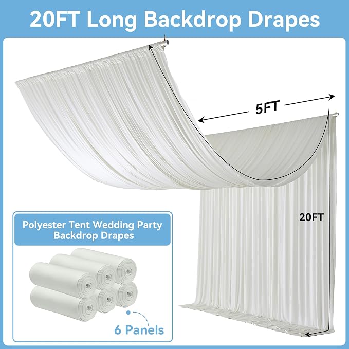 Outpain 30ftx20ft Ivory Backdrop Ceiling Drapes,6Panels 20ft Height Wrinkle Free Tent Draping Curtains, Fabric Drapery Ceiling Drapes for Wedding Ceremony Birthday Theme Parties with Rod Pocket