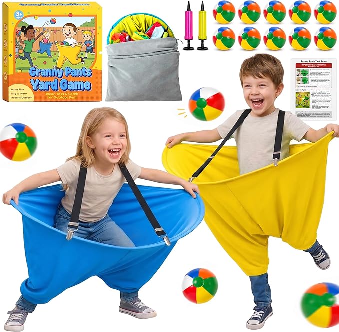 Granny Pants Yard Game for Adults and Kids, Big Pants Ball Catch Game with 2 Giant Pants, Balls, Pumps & Storage Bag, Outdoor Tossing Games for Birthday Party, Backyard Party, Family Reunion