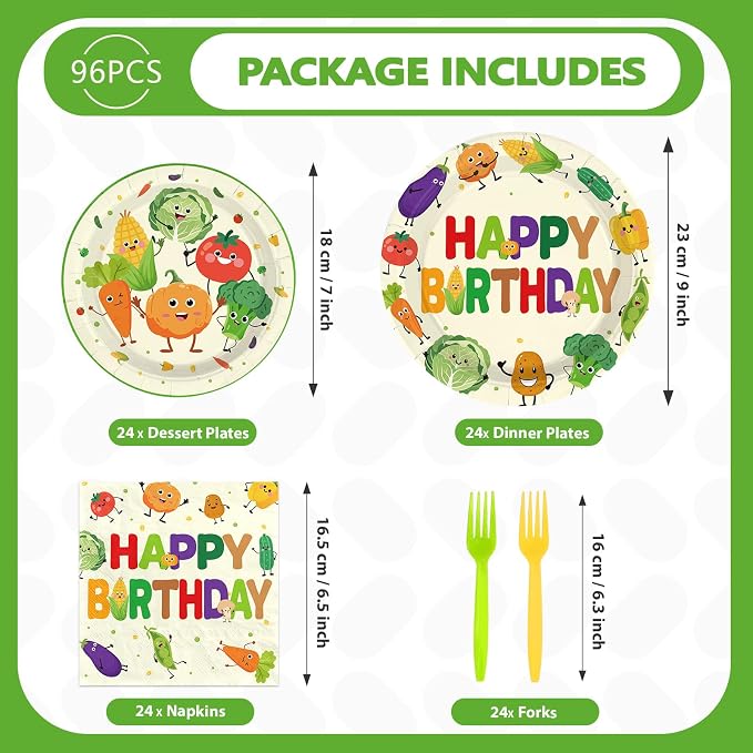 96Pcs Vegetable Birthday Party Supplies Cute Vegetable Plates and Napkins Garden Theme Tableware Sets for Farmer Market Birthday Baby Shower Party Decorations,Serves 24