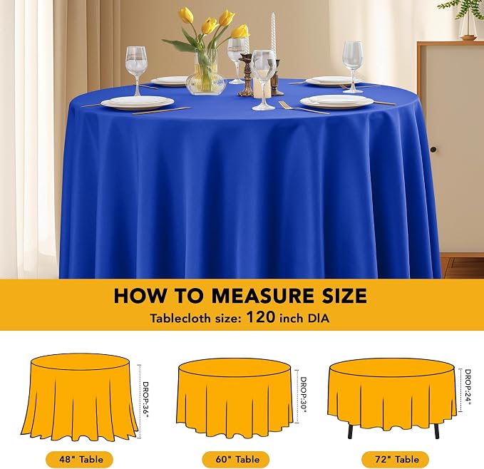 6-Pack Royal Blue Round Tablecloths, 120 Inches, Stain-Resistant Polyester for 5-6 Ft Round Tables - Washable Table Covers for Weddings, Banquets, Birthday Parties, Events