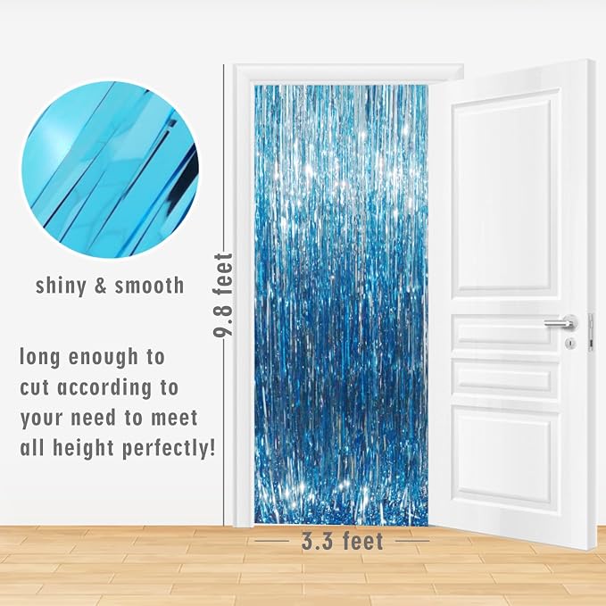 GOER 6.4 ft x 9.8 ft Metallic Tinsel Foil Fringe Curtains,Pack of 2 Party Streamer Backdrop for Birthday,Graduation Decorations and New Year Eve (Light Blue)