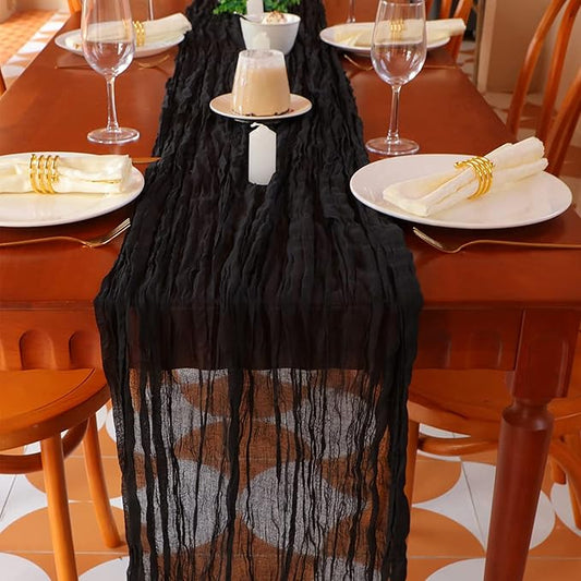 Snowkingdom 10 Ft Black Cheesecloth Table Runner, 120 inch Long Cheese Cloth Boho Gauze Runner for Wedding Bridal Baby Shower Birthday Holiday Party Sheer Halloween Table Decorations