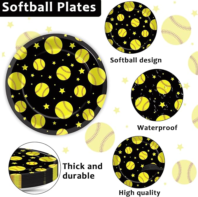 96Pcs Softball Birthday Party Decorations Paper Plates and Napkins Sets Sports Theme Dessert Disposable Tableware Black Yellow Softball Plates Supplies Team Sport Party Gifts Favors for 24 Guests