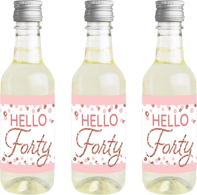 Big Dot of Happiness 40th Pink Rose Gold Birthday - Mini Wine and Champagne Bottle Label Stickers - Happy Birthday Party Favor Gift for Women and Men - Set of 16