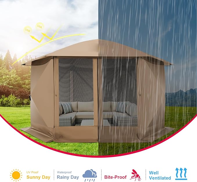 COBIZI 12x12 FT Pop Up Canopy Extendable Tent, Gazebos On Clearance with Removable Roof, Screened in Gazebo with sidewalls, Screen Tents Portable carpas para Patio for Outdoor Camping,Backyard,Khaki