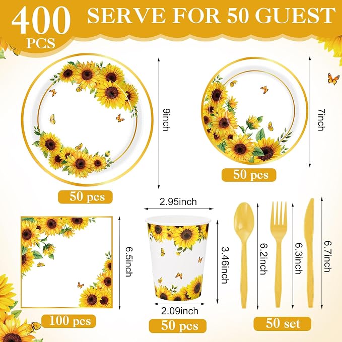 Funnymoom 400 Pcs Sunflower Party Supplies for 50 Guests Disposable Plates Napkins Cups Spoons Forks Knives for Birthday Wedding Bridal Shower Baby Shower Decorations(Yellow, Sunflower)