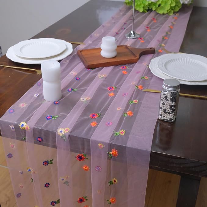 Set of 1 Flower Table Runner 10ft, 29 * 120 Inch Pink Table Cloth Sheer Tulle Table Cover,Embroidery Daisy Table Runner for Wedding Party Baby Shower Birthday Home Decor