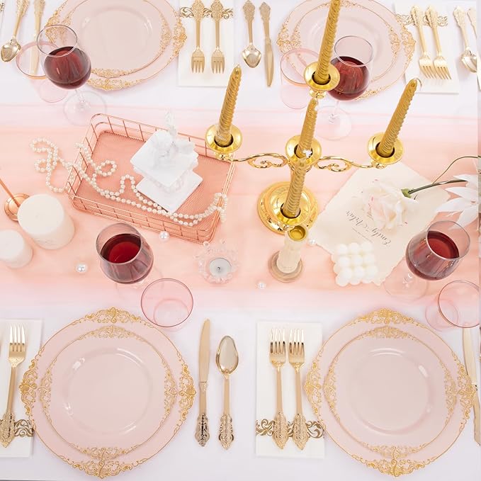 Morejoy 175pcs Pink Plastic Plates - Pink and Gold Disposable Plates sets, Include 25 Dinner Plates,25 Dessert Plates,25 Cutlery Sets,25 Napkins Perfect for Wedding & Party & Holiday & Mother's Day