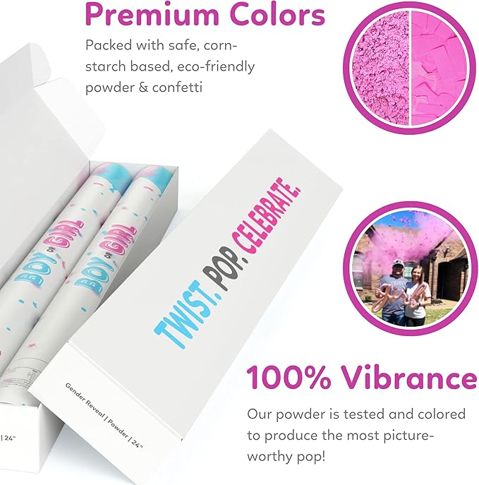 24” X-large Gender Reveal Confetti & Powder Smoke Cannon | 2 Pink Poppers | Biodegradable | Alternative to Gender Reveal Smoke Bombs Extinguisher | Baby Gender Reveal Decorations | TUR Party Supplies