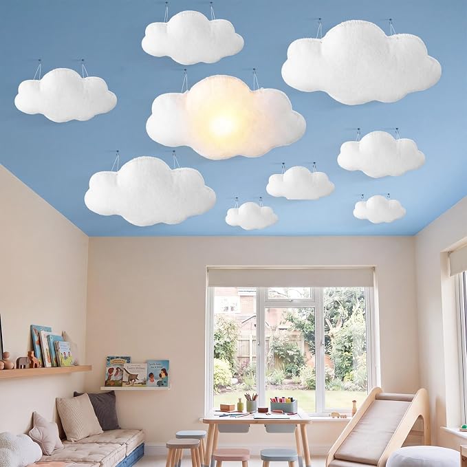 Tingjoo 10 Pcs Clouds for Room Ceiling White 3D Felt Hanging Cloud Decoration Artificial Fake Clouds Ornament for Baby Shower Birthday Party Wedding Baby Nursery Room Stage Show Props