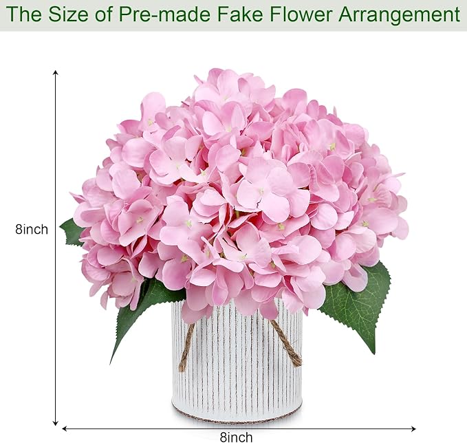 Flower Table Centerpieces - Set of 6 Floral Arrangement Artificial Wedding Hydrangeas Floral Arrangement with Rustic Metal Vase for Bridal Tea Party Event Decorations - Blush Pink