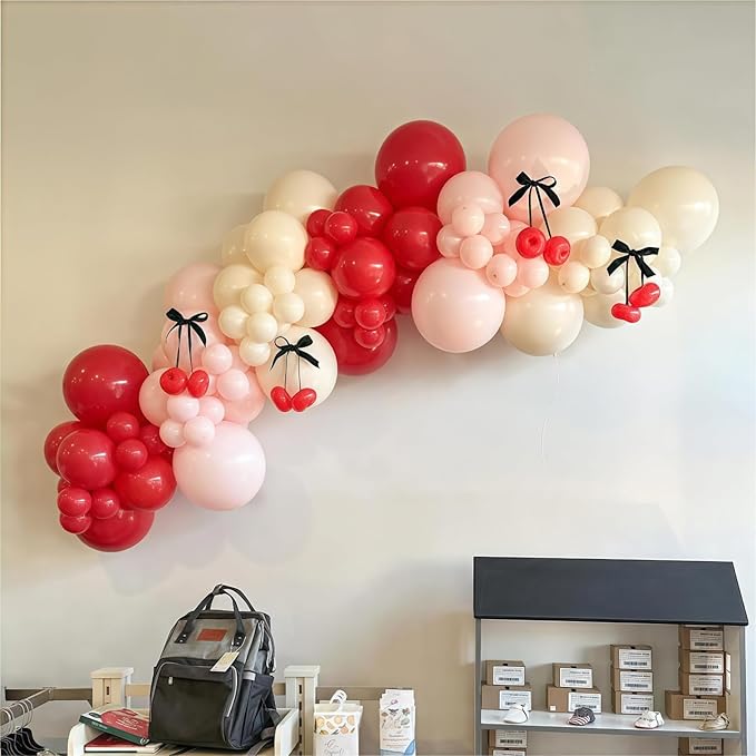 Cherry Balloon Garland Arch Kit, 115pcs Red and Pastel Pink White Metallic Gold Long Latex Balloons for Birthday Baby Shower Wedding Valentines Day Anniversary Cherry on Top Party Decorations