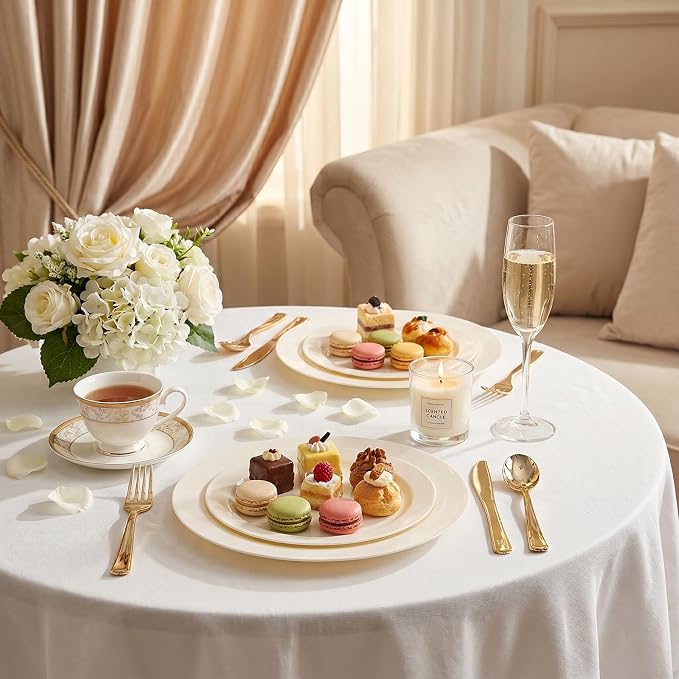 I00000 200 Pcs Ivory Plastic Plates, Disposable Party Plates Include 100 Ivory Dinner Plate 10’’ and 100 Plastic Dessert Plate 7’’ Perfect for Birthday, Party & Wedding