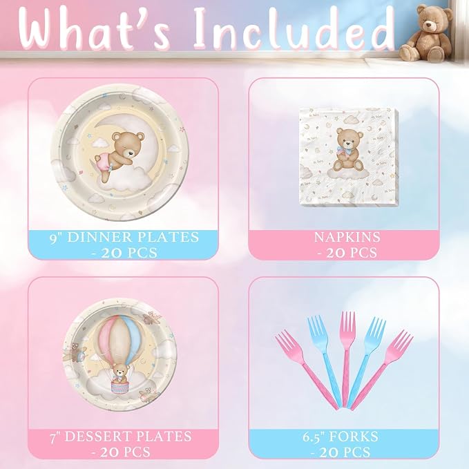 Teddy Bear Gender Reveal Plates and Napkins Set – He or She, What Will It Be – Serves 20, Paper Plates, Napkins – Bear Baby Shower Party Supplies Decorations Tableware for Birthday