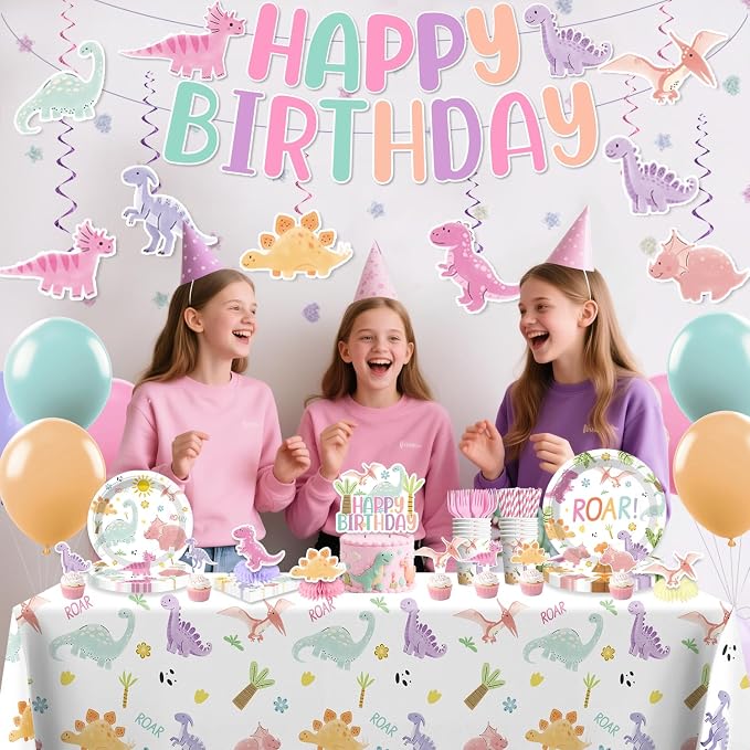 Xynic 201 Pcs Pastel Dinosaur Birthday Decorations Girl, Dinosaur Birthday Banner, Cupcake Toppers, Disposable Table Cloth, Plates and Napkins Pink Watercolor Cute Girls Dino Theme Party Supplies