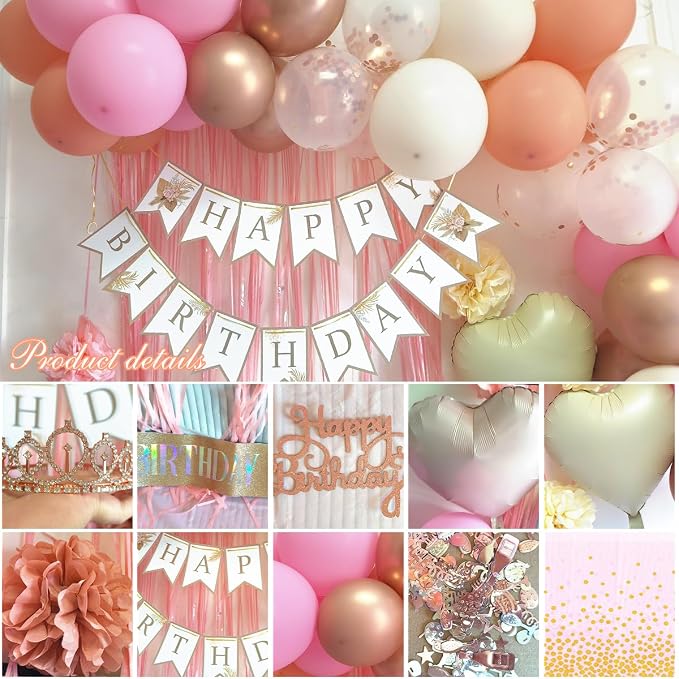 Birthday Decorations Set, Pink Party Decoration with Vintage Pink Balloons, Banner, Pom Poms, Fringe Curtain Background, Birthday Crown, Shoulder Strap for Girls Women Boho Party Supplies