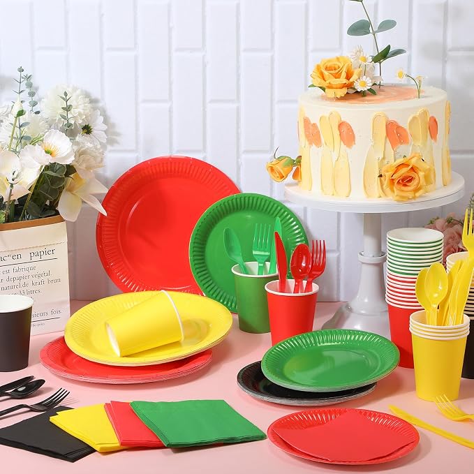 Domensi 280 Pcs Juneteenth Decorations Disposable Paper Plates Napkins Cups Plastic Forks Knives Spoons for African American Appreciation Month Rasta Afro Festival Freedom Day