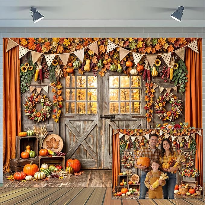 5 x 3 ft Fall Backdrop Barn Door Maple Leaves Pumpkin Design - Autumn Thanksgiving Harvest Friendsgiving & Birthday Party Decorations
