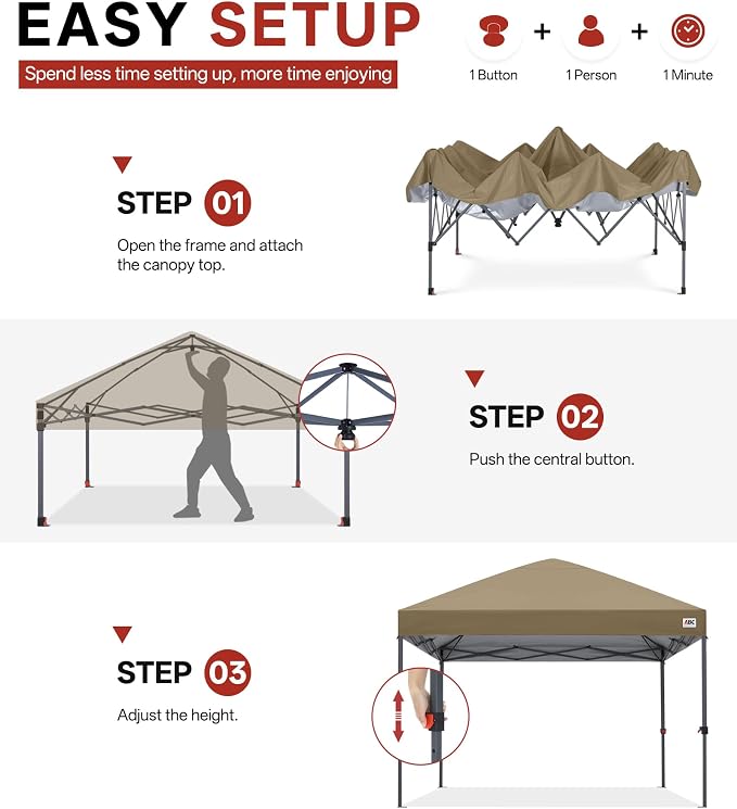 ABCCANOPY 10x10 Pop Up Canopy Tent, Easy Setup Instant Shelter with Wheeled Bag, Heavy Duty Outdoor Canopy for Beach, Market, Backyard, UV Protection, Outdoor Weather Protection (Khaki, 10x10)