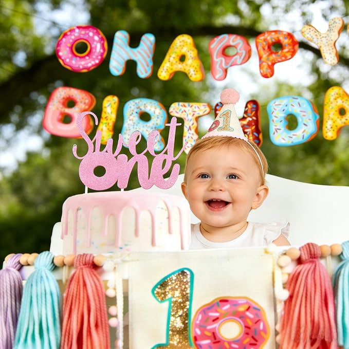 Donut Sweet One Birthday Party Decorations for Girl-Sweet One High Chair Banner Set with 1st Birthday Hat One Cake Topper