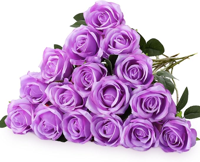 Hotop 20 Pcs Artificial Rose Flowers with Long Stem, Real Lifelike Silk Realistic Plastic Bouquet Roses Bulk for Home Decor Bridal Wedding Party Table Centerpieces Decorations(Purple)