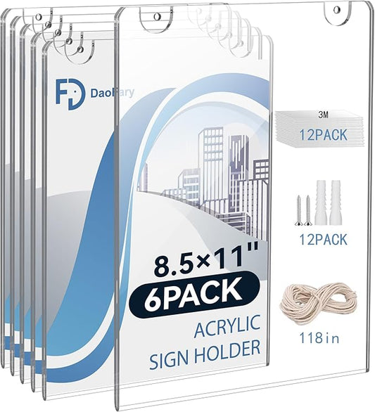 Daofary Acrylic Sign Holder 8.5 x 11 Wall Mount, 6 Pack Clear Acrylic Wall Picture Frame with Double-Side Tape, Document Paper Poster Display for Office, Store, Restaurant (Adhesive Tape, Screws & Hanging Rope Included)