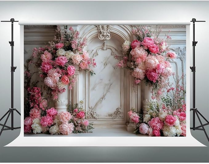 YongFoto European Relief Marble Archway Wall 12x8ft Blooming Rose Flower Elegant Romantic Photography Background Bday Bridal Shower Wedding Party Banner Portrait Photoshoot Wallpaper Photo Booth