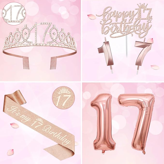 17th Birthday Decorations for Girl, Including 17th Birthday Tiara and Sash, Cake Topper and Candles, Number Balloons, Greeting Card, 17 Year Old Gifts for Girls