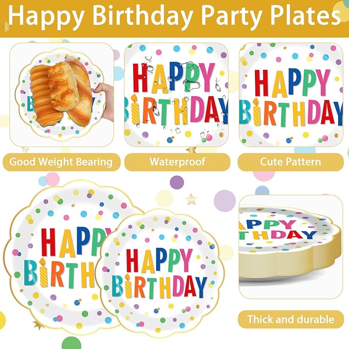 96PCS Polka Dot Plates Tableware Set Supplies Happy Birthday Cake Dessert Scalloped Paper Plates Napkins Tableware Set Polka Dot Theme Colorful Birthday Plate Dinnerware Decoration for 24 Guests