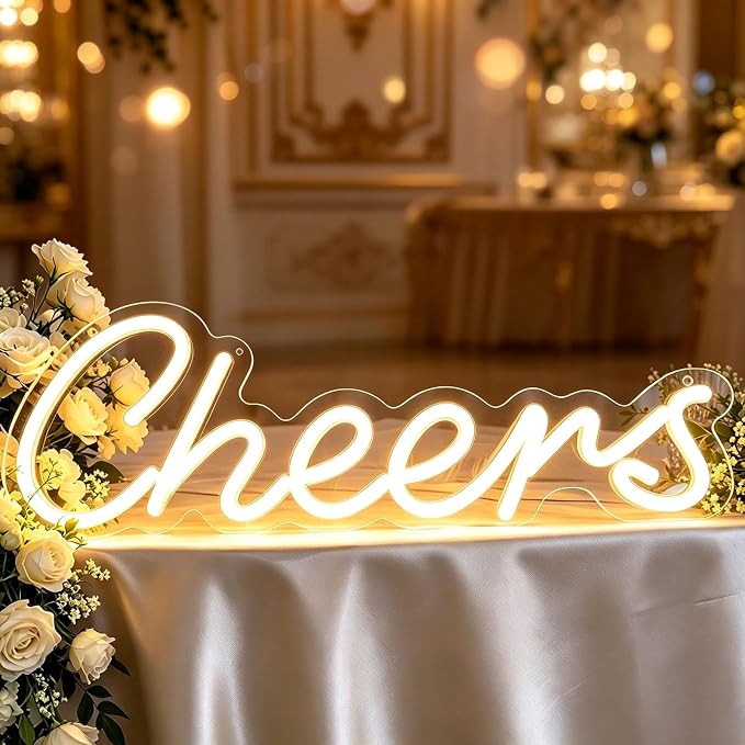 LED Cheers Neon Sign for Home Bar, USB Powered Warm White Bar Light with Dimmable Control, Wedding Party Wall Decor for Kitchen Restaurant 15.75x5.51