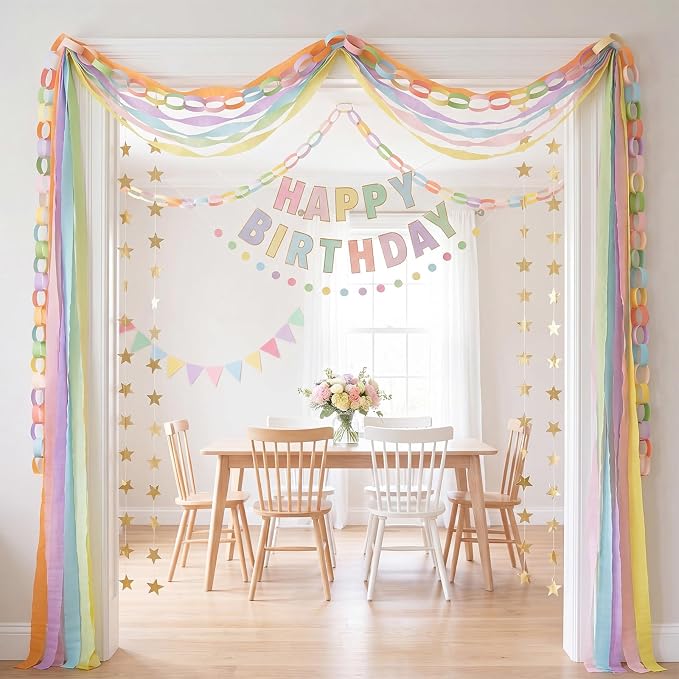 Mifoci 313 Pcs Happy Birthday Decorations Kit 300 Sheets Paper Chains Strips Birthday Felt Banner 492 ft Crepe Paper Streamers 52.4ft Star Garlands for Party Supplies DIY Crafts (Macaron Colors)