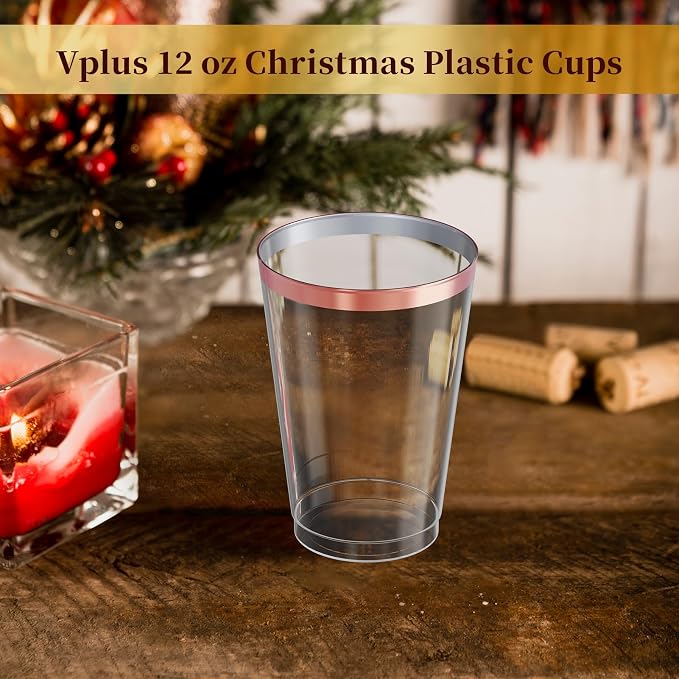 Vplus 150 Pack 12 OZ Reusable Rose Gold Rimmed Clear Plastic Cups, Disposable Heavy Duty Plastic Cups for Party, Christmas, Wedding, Thanksgiving, Halloween