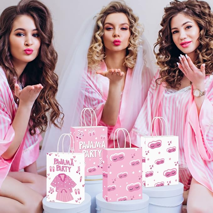 Outus 24 Pcs Sleepover Party Paper Bags Pink Slumber Glamper Pajama Favor Bags with Handle for Birthday Sleepover Breast Cancer Awareness Party Favors