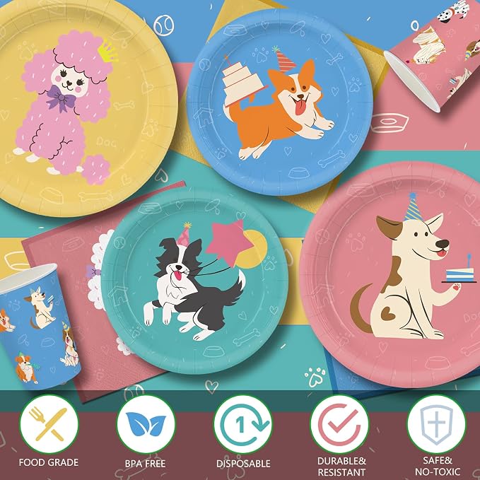 203pcs Retro Puppy Party Decorations Plates Napkins Pet Dog Birthday Party Supplies Retro Puppy Paper Cups Balloon Banner Hanging Swirls Tablecloths for Disposable Dog Birthday Tableware Set Serve 24
