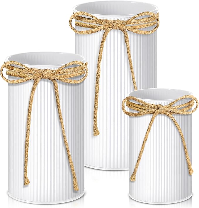 Zonon 3 Pcs Farmhouse Vase Decor with Twine Bow 4.33" Galvanized Flower Bucket 5.91" Metal Pots 7.09" Rustic Decorated Vases for Artificial Flowers Home Table Weddings Decor (White)