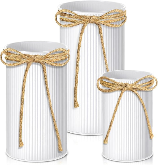 Zonon 3 Pcs Farmhouse Vase Decor with Twine Bow 4.33" Galvanized Flower Bucket 5.91" Metal Pots 7.09" Rustic Decorated Vases for Artificial Flowers Home Table Weddings Decor (White)