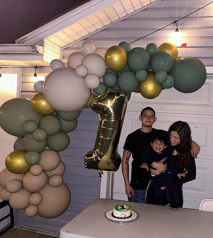 Double Stuffed Emerald Green Gold Balloon Arch Kit, Dark Dusty Green Pearl White Sand Balloon Garland Kit Metallic Gold Balloons for Baby Shower Bridal Shower Wedding Forest Birthday Party Decoration