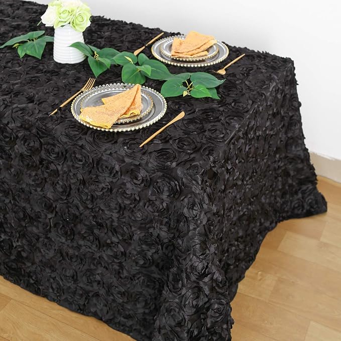 B-COOL Black Tablecloths Party Table Overlay Drape Rosette Table Cover 90 x 132 Inch Rectangle 3D Floral Satin Fabric for Wedding Party Birthday Event Decoration