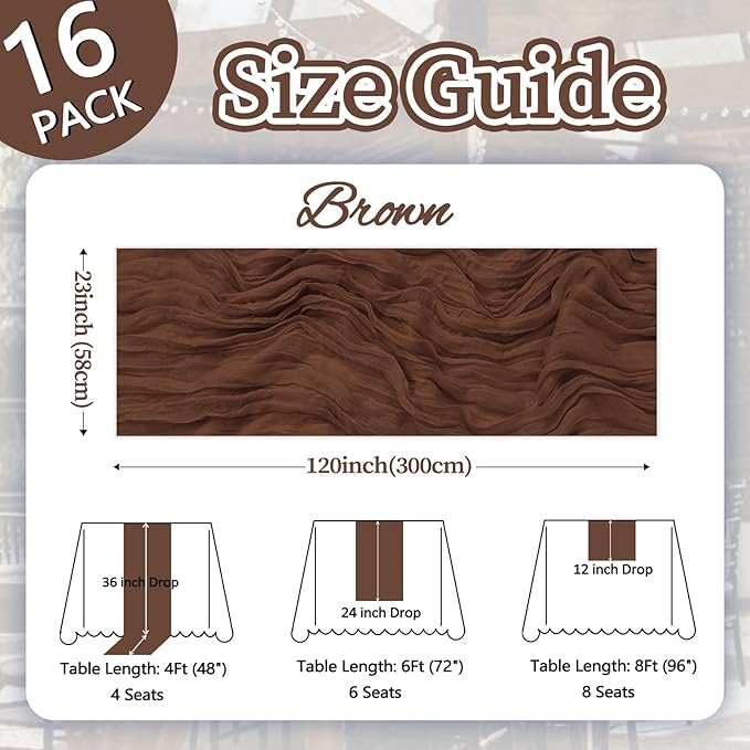 16 Pack Table Runner Brown Cheesecloth 10ft Boho Gauze Fabric 120 Inch Cheese Cloth Table Runner Rustic Sheer for Baby Shower Birthday Home Holiday Party