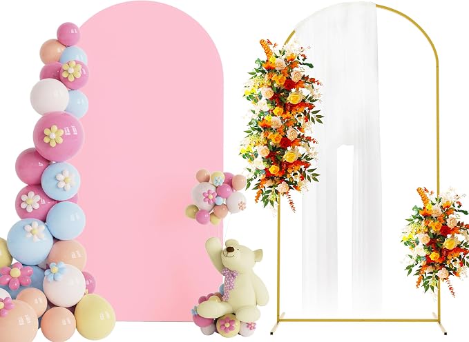 Putros Arch Backdrop Stand and Cover Set, 6.6ft, Gold Arch Stand with Pink Cover, Metal Arched Background Frame for Wedding, Birthday Party, Baby Shower, Photography Decoration