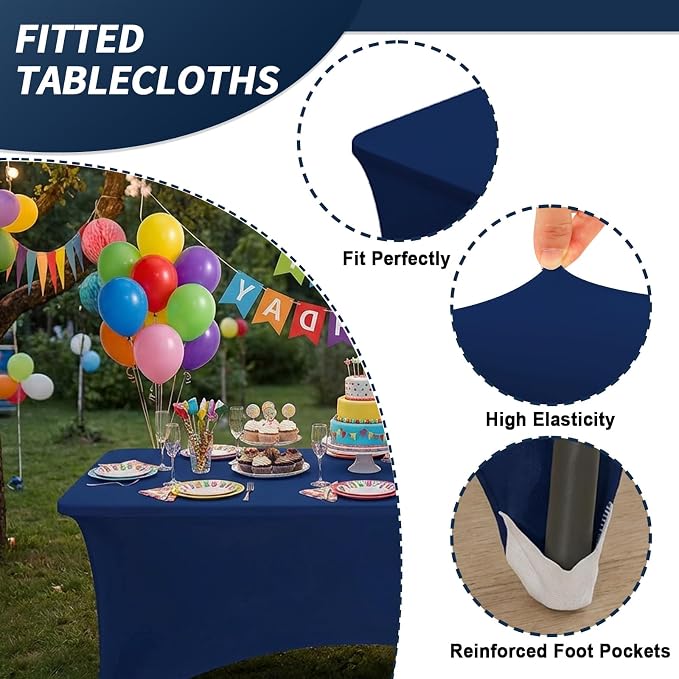 Fixwal 3 Pack Navy Blue Tablecloth Rectangle 6Ft, Stretch Spandex Fitted Table Cover for Party, Trade Show, Wedding, Buffet, Graduation, Vendor Stand