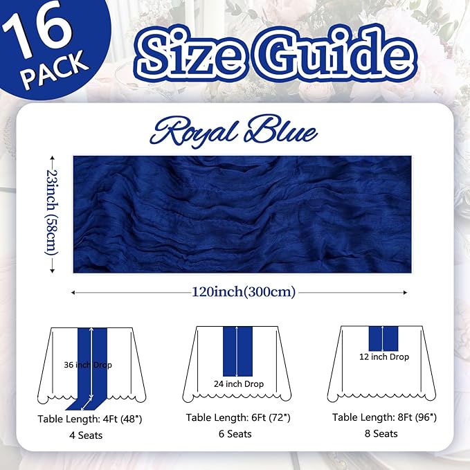 16 Pack Royal Blue Cheesecloth Table Runner 10ft Boho Gauze Fabric 120 Inch Cheese Cloth Table Runner Rustic Sheer for Holiday Baby Shower Party Décor Home Wedding Decoration