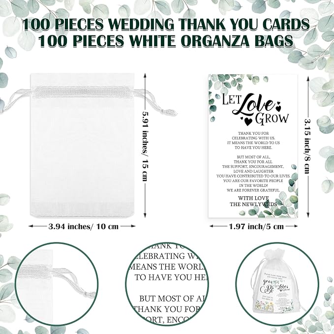 Ctosree 100 Set Wedding Favors for Guests Bulk Include 100 Pcs Self Adhesive Seed Packets Kraft Paper Seed Envelopes Let Love Grow Cards and Organza Gift Bags for Bridal Shower(Stylish)