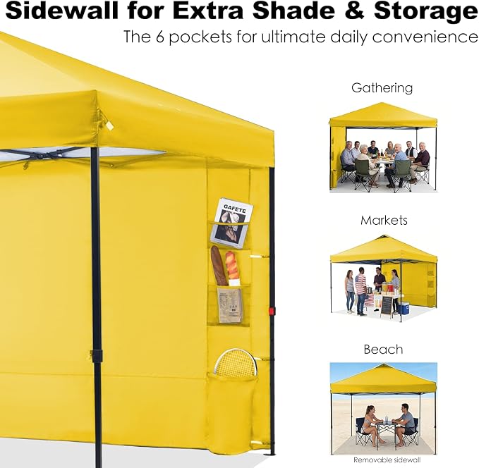 GAFETE 10×10 Pop Up Canopy Tent with 1 Pockets Sidewall, Easy up Sun Shade with One Push Setup, Portable Instant Outdoor Canopy Tent for Events Parties Camping with Carrying Bag (Yellow, 10x10 FT)