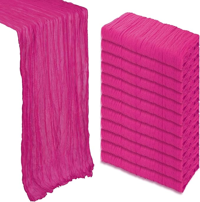 12 Pack Hot Pink Table Runner Cheesecloth 10Ft Spring Gauze Cheese Cloth Table Runner 35x120 Inch Boho Sheer Rustic Fabric for Holiday Party Decor Baby Shower Wedding Decorations