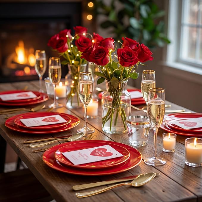 WDF 300Pcs Red Disposable Plates - Red Plastic Plates 50guest Disposable Dinnerware Include 50 Dinner Plate 50 Dessert Plate 150 Cutlery & 50 9oz Cups for Wedding/Birthday/Party